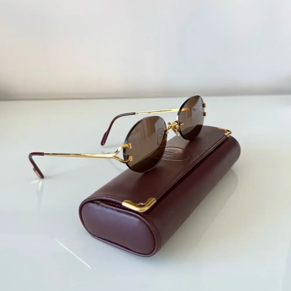 CARTIER Oval Rimless Sunglasses Brown  Gold Frame Authentic Vintage